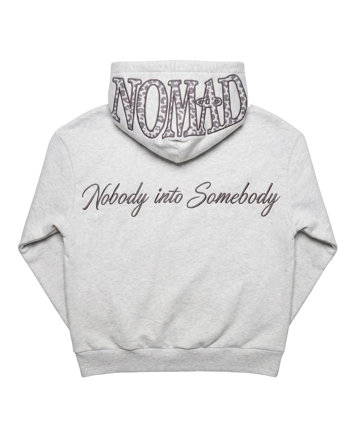 The Ash Heather Hoodie from the back, hood up: NOMAD in snow leopard, Nobody into Somebody in script